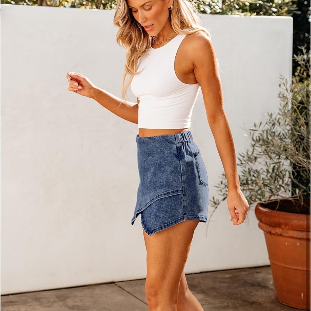 3 for $15 ✨NWOT Blue Denim Wrap Skort Jean Skort Classic Asymmetrical Hem - Picture 3 of 14